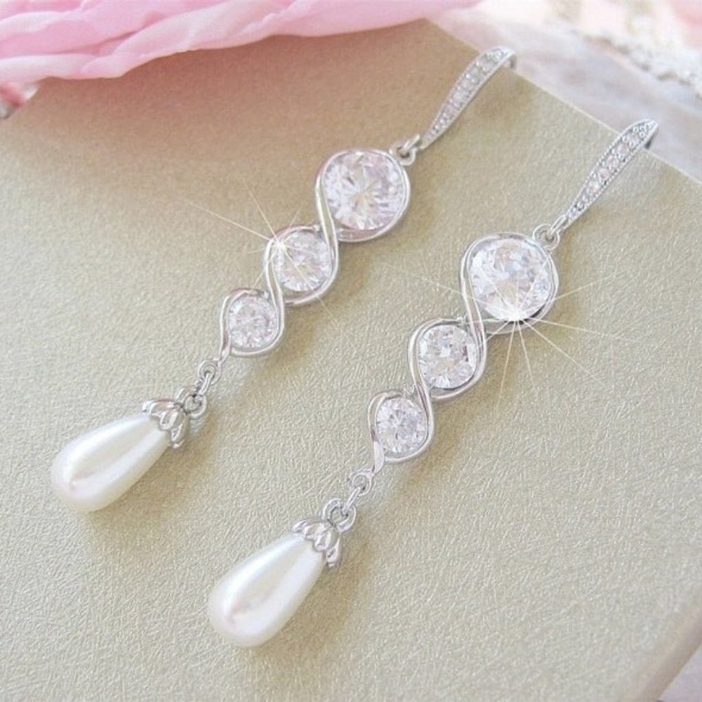 Linear Cubic Zirconia Diamond Pearl Drop Earrings, Unique Braid Setting